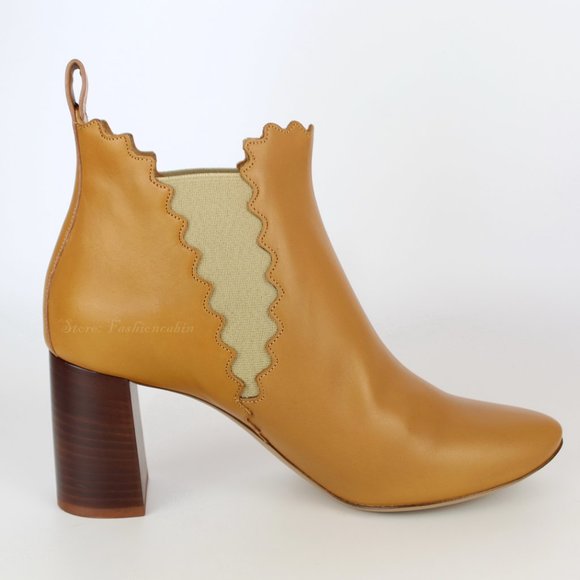 NEW CHLOÉ Scalloped Leather Ankle Boots - Block Heel Booties for Work or Brunch - Picture 7 of 14